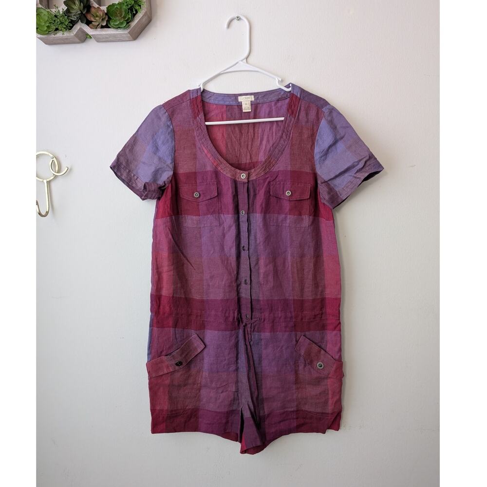 J. Crew 100% linen plaid button front romper drawstring waist